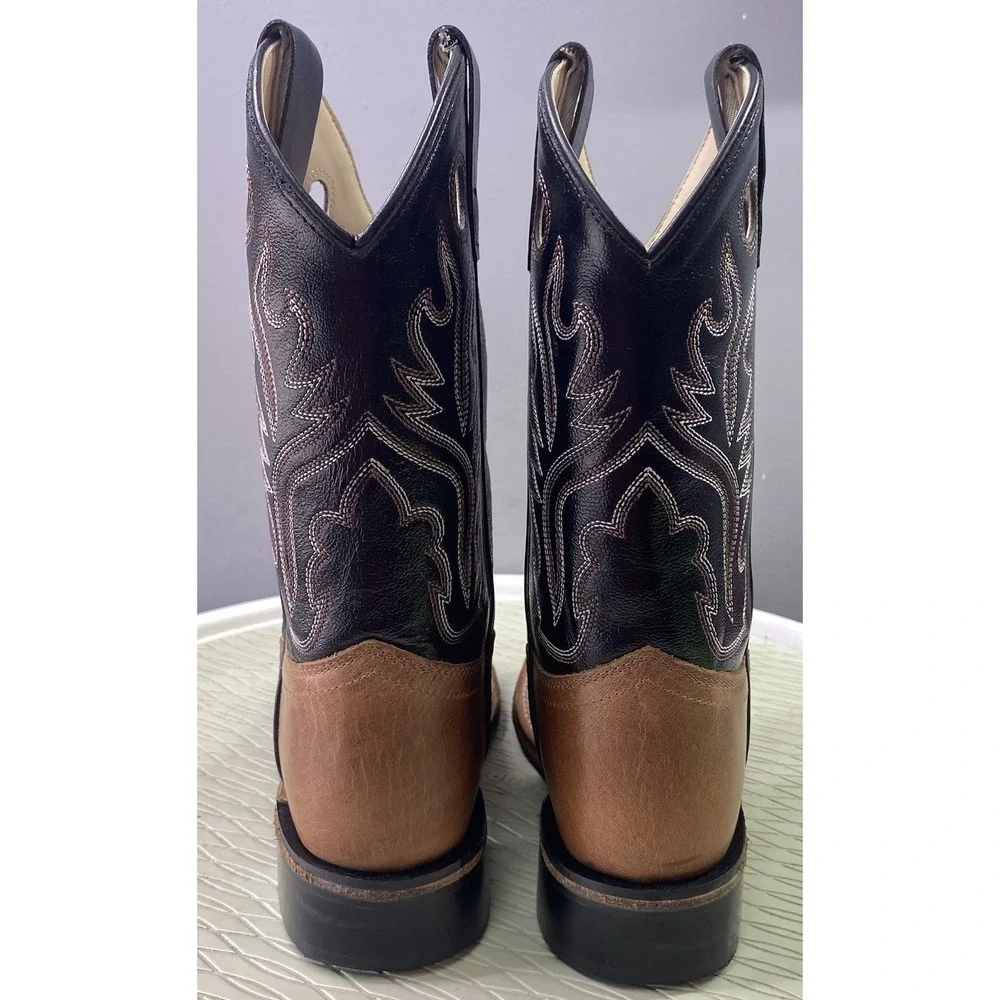 Old West Boys Leather Western Cowboy Kids Riding Boots Brown&Black Youth Sz.2 D‎